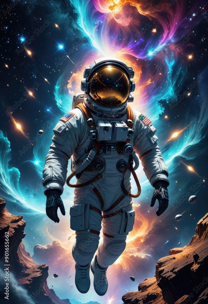 Fototapeta premium Craft a digital art scene where an astronaut is diving headfirst into an ethereal, starry abyss.