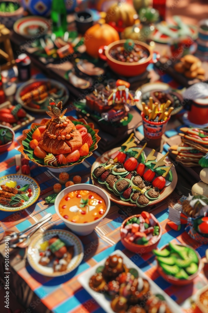 A table full of food with a variety of dishes including soup, salad, and meat. The table is set for a large gathering of people A table full of food with a variety of dishes including soup, salad, and meat. The table is set for a large gathering of people