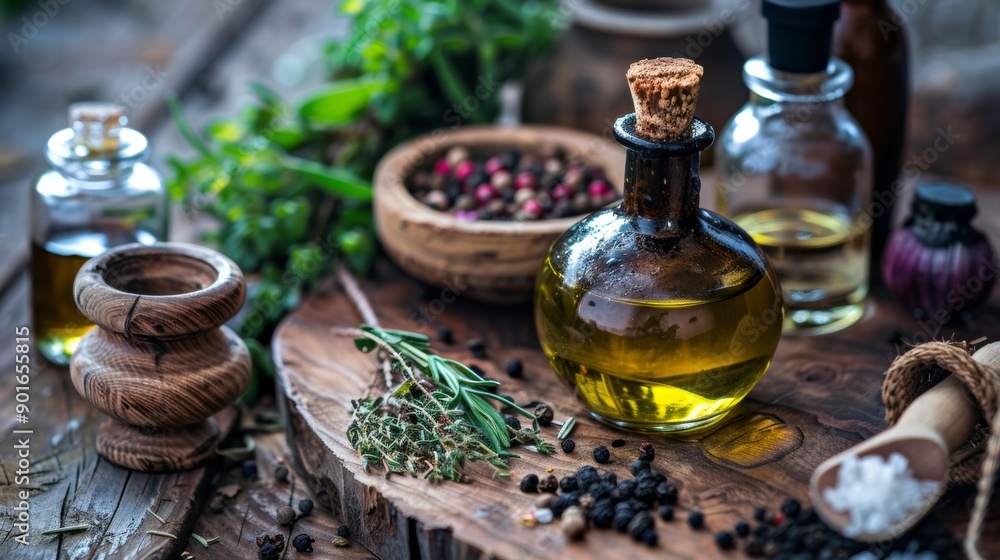 Bottles of essential oils with herbs on wooden table Bottles of essential oils with herbs on wooden table