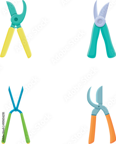 Pruning shears icons set cartoon vector. Various bright garden secateurs. Gardening equipment