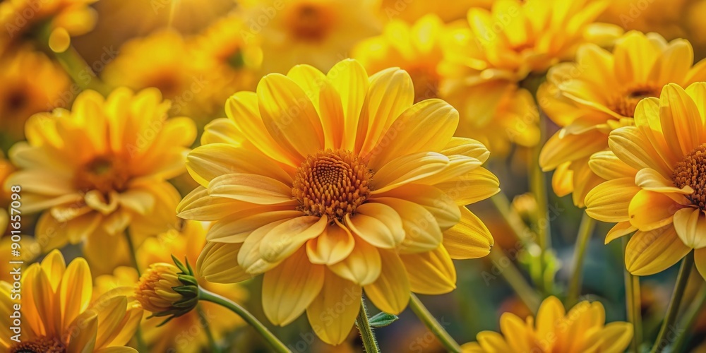Fototapeta premium Vibrant yellow flowers with delicate petals and intricate details are beautifully captured in a close-up shot, providing ample copy space for text or designs.
