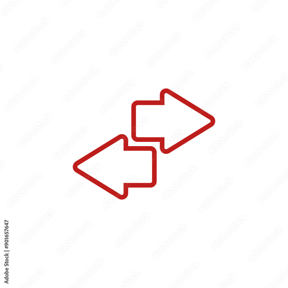 Two short small red arrows point in different opposite directions. Outline vector illustration on white background. Two short small red arrows point in different opposite directions. Outline vector illustration on white background.