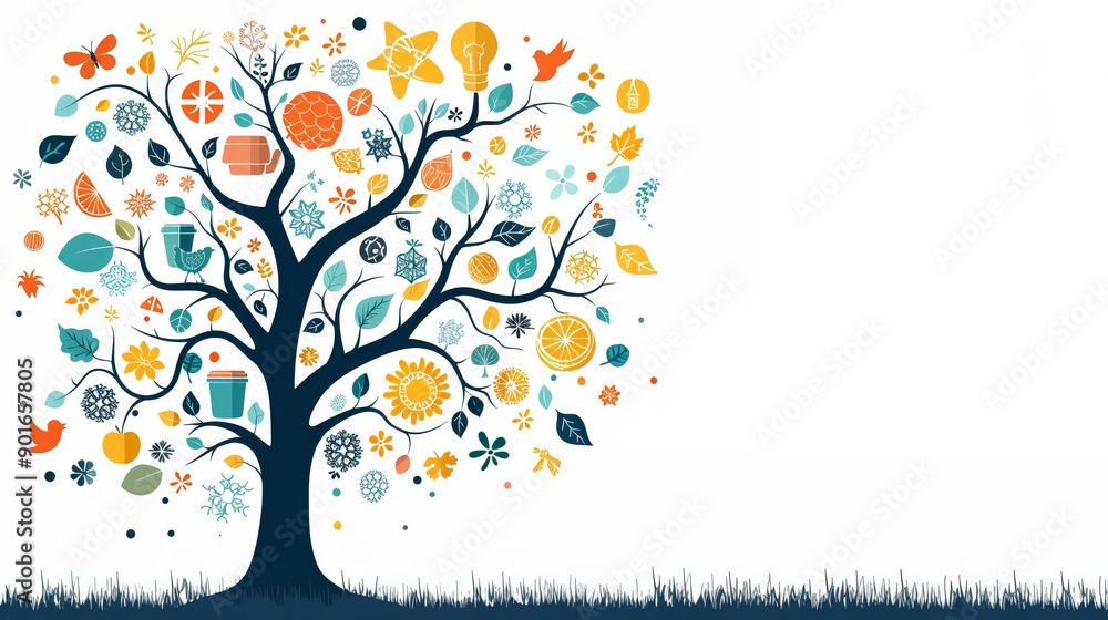 Fototapeta premium Tree with renewable energy and recycling minimal design flat white background style space for Ad