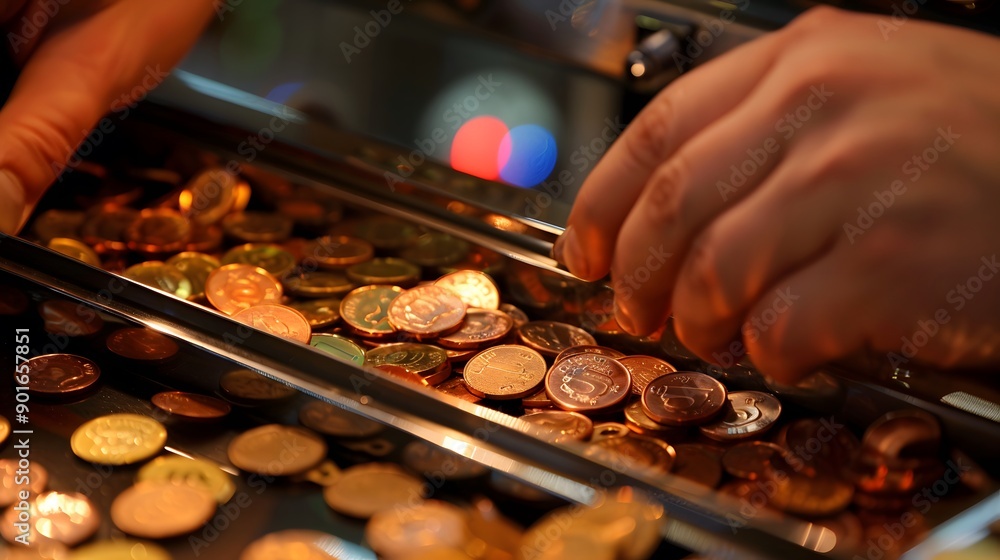 Fototapeta premium Collecting Slot Machine Winnings: Hands scooping up coins from a slot machine tray, the machine flashing and ringing. 