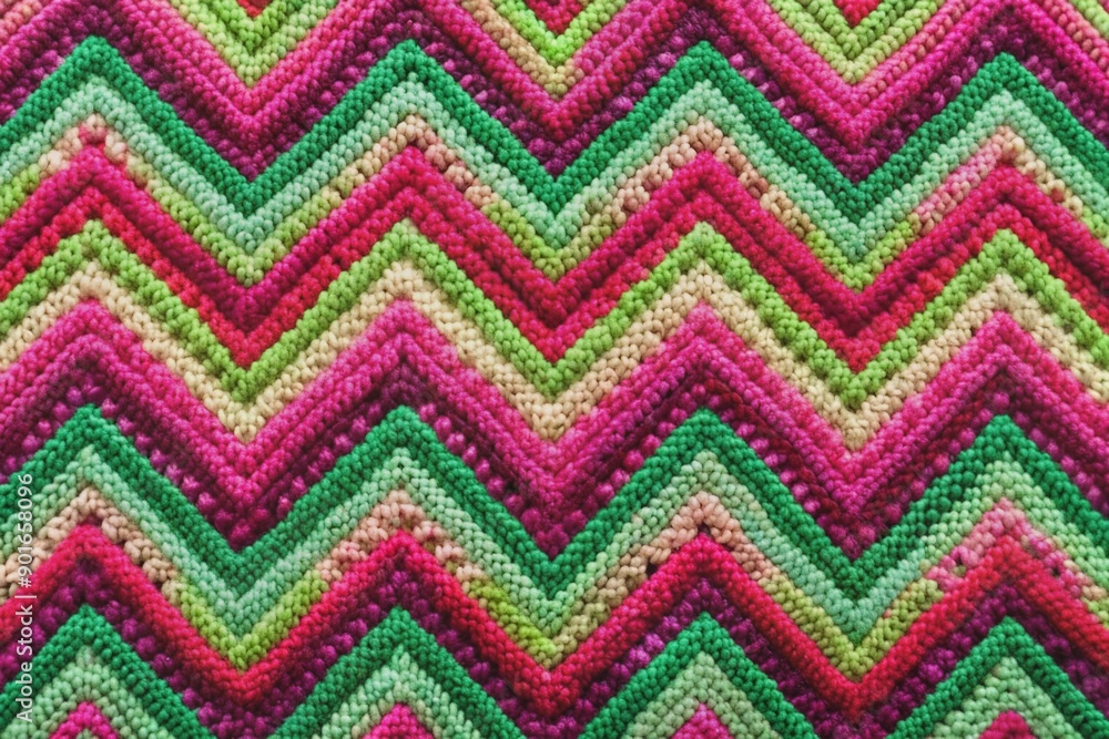 Vibrant pink and green geometric chevron pattern adorns a mosaic fabric texture with intricate knitted details, showcasing an eclectic ethnic-inspired crochet design. Vibrant pink and green geometric chevron pattern adorns a mosaic fabric texture with intricate knitted details, showcasing an eclectic ethnic-inspired crochet design.