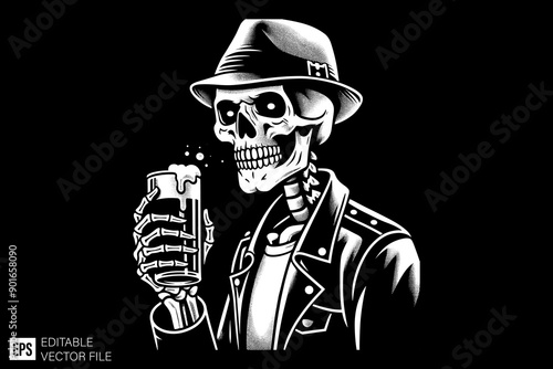 Dark art skull head black and white silhouette graphic clip art vector design