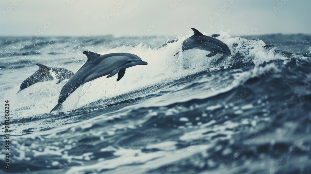 Fototapeta premium Playful dolphins jumping out of the ocean waves