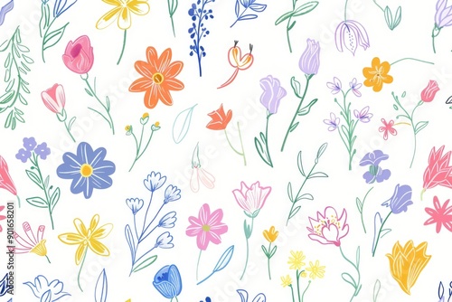 Wallpaper Mural A colorful drawing of flowers with a bright and cheerful mood. The flowers are of various colors and sizes, and they are scattered throughout the image. The drawing has a whimsical Torontodigital.ca