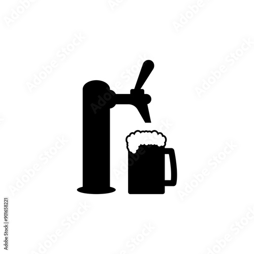 Beer pump with tap and handle. Pouring in beer mug. Vector illustration on white background.