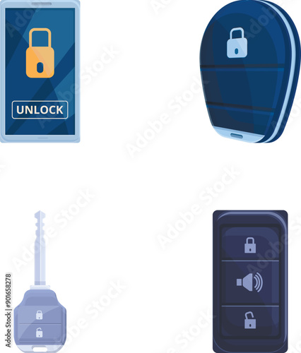 Carsharing icons set cartoon vector. Keyless vehicle entry device. Automobile protection, modern technology