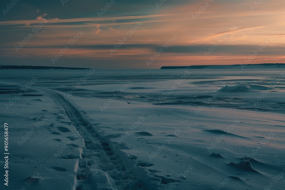 A snowy landscape with a path in the snow and a beautiful sunset in the background