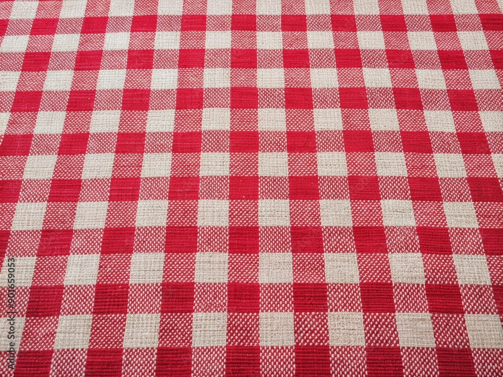 Vibrant red and white gingham checkered tablecloth with intricate woven texture providing a rustic, country-inspired background for food, product, or lifestyle photography settings. Vibrant red and white gingham checkered tablecloth with intricate woven texture providing a rustic, country-inspired background for food, product, or lifestyle photography settings.
