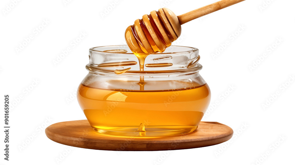 Glass jar with honey dripping from a wooden dipper, isolated on transparent background Glass jar with honey dripping from a wooden dipper, isolated on transparent background