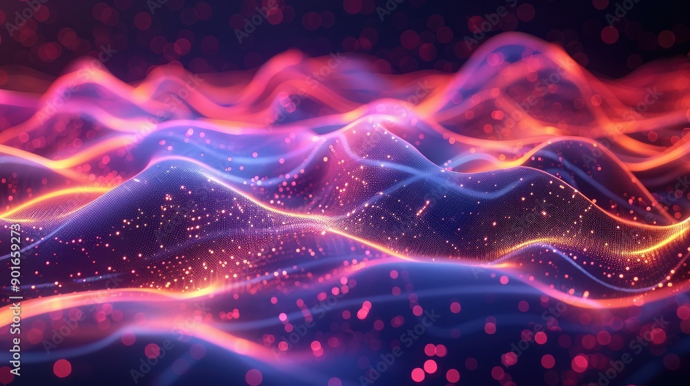 Fluorescent, flowing shapes in a tech background Fluorescent, flowing shapes in a tech background