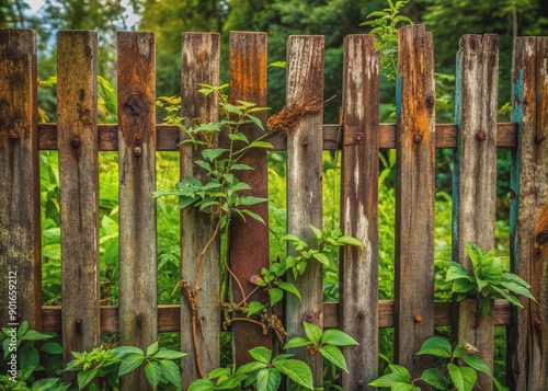 Weathered rustic wooden fence with fragmented boards and rusty metal wire, partially cut out from the surrounding lush green foliage and overgrown weeds. photo