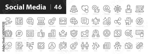 Social media line icons set. Network, media, blog, chat, message, blogger, content - stock vector.