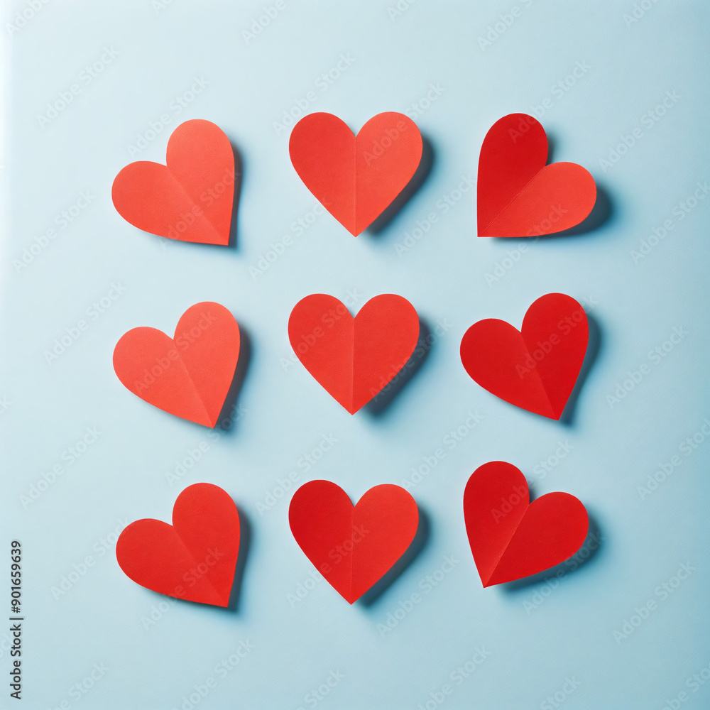 Red paper hearts on a blue background. Design template for Valentine's Day, declaration of love, backgrounds, backdrops and wallpapers Red paper hearts on a blue background. Design template for Valentine's Day, declaration of love, backgrounds, backdrops and wallpapers