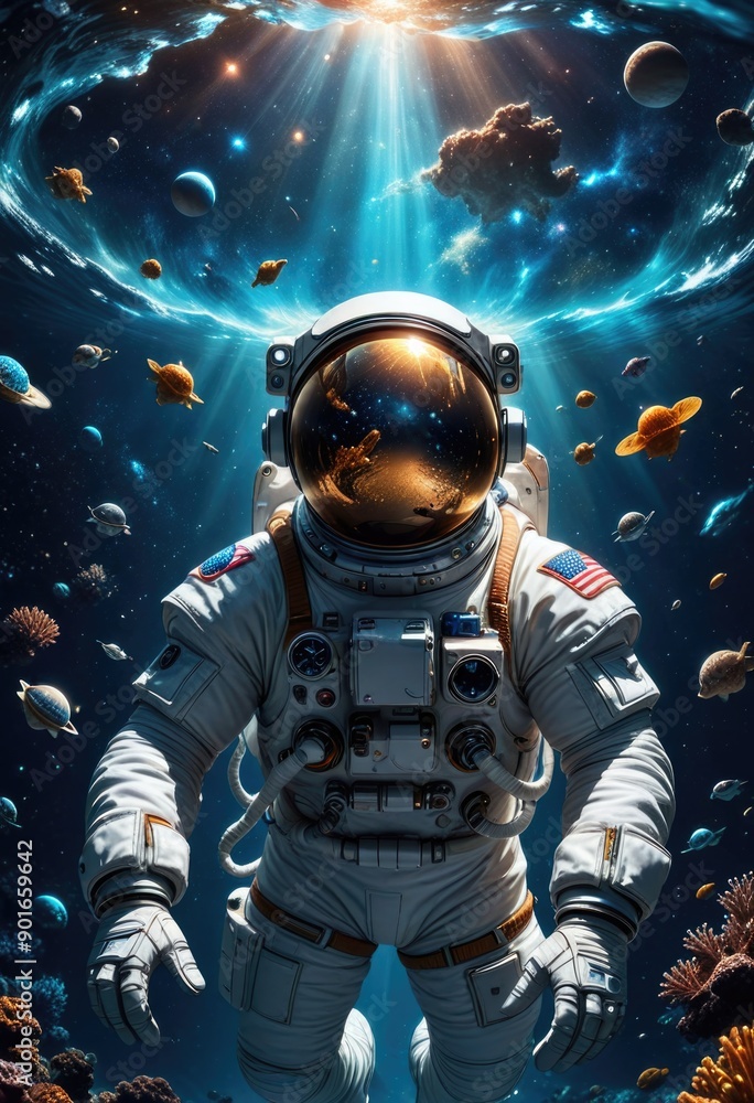 Fototapeta premium Create digital art of an astronaut diving into an ocean of stars, blending the wonders of space with the beauty of underwater exploration. 