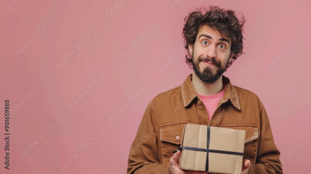 A man is holding a brown box and looking at the camera. He is surprised or excited about the contents of the box A man is holding a brown box and looking at the camera. He is surprised or excited about the contents of the box