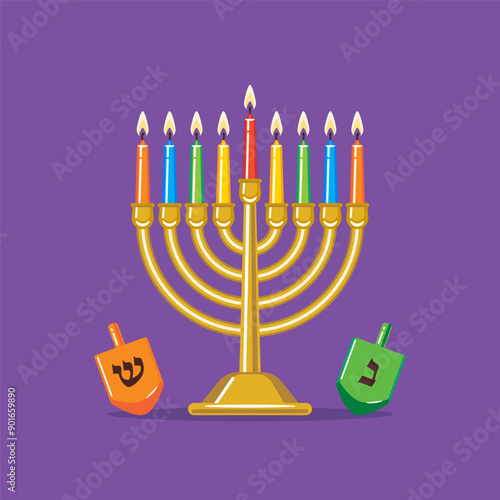 Hanukkah Menorah and colored Dreidels with Hebrew traditional letters. Vector illustration for Hanukkah - Jewish festival of Lights