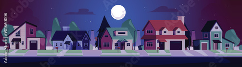 Suburban street in the night vector illustration, cityscape houses and road on full moon light, real estate buildings