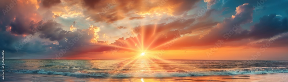 Fototapeta premium A serene sunset over tranquil water, with vibrant colors illuminating the sky and creating a peaceful atmosphere.