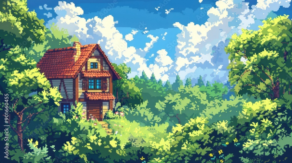 Fototapeta premium 8-bit pixel art house surrounded by a lush forest, ideal for an anime-style isekai background with vibrant daytime colors.