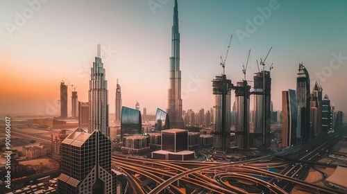 Skyscraper construction in Dubai at sunset