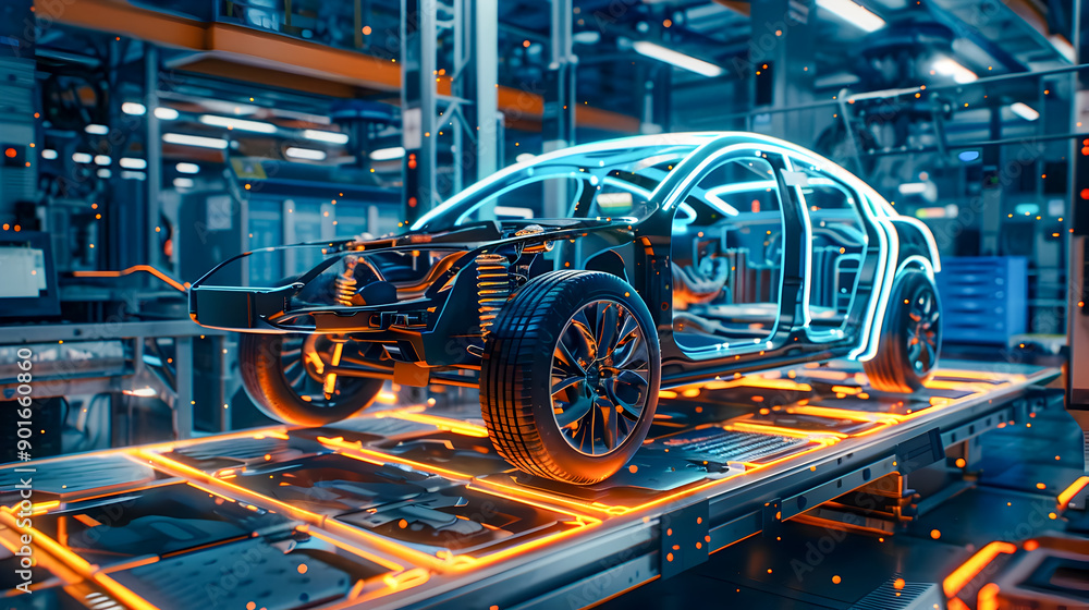 Fototapeta premium Detailed image showcasing a sleek car frame on an advanced assembly line surrounded by a high tech manufacturing plant backdrop with dynamic blue and orange lighting effects