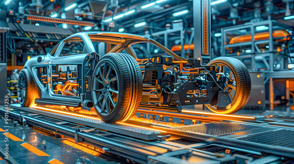 Fototapeta premium This image depicts a futuristic car assembly line showcasing the intricate internal mechanisms and cutting edge design of the car chassis
