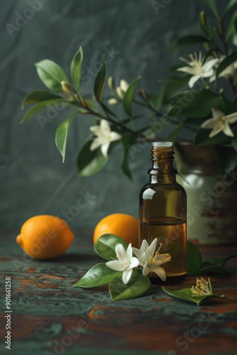 A bottle of essential oil is on a table next to a vase of flowers and two lemons