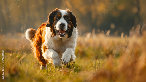 old St. Bernard dog is running training a field of grass