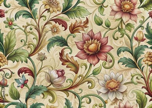 Intricately illustrated, ornate Victorian floral pattern features lush foliage, curled tendrils, and exotic flowers in rich, muted hues on a soft, cream-colored background.