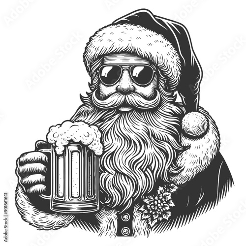 Santa Claus drinking beer frothy beverage. Festive and cheerful. sketch engraving generative ai fictional character vector illustration. Scratch board imitation. Black and white image.