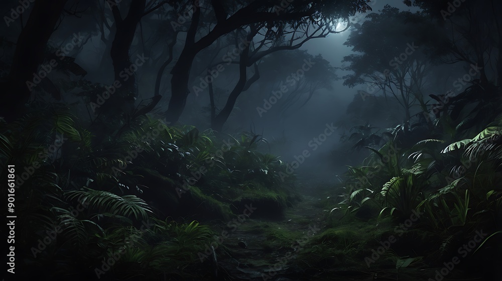 Mysterious forest in the dark night black theme foggy misty jungle, solitude and spooky woods Mysterious forest in the dark night black theme foggy misty jungle, solitude and spooky woods