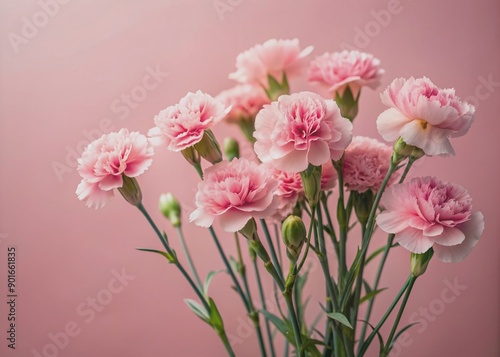 Soft pink carnations bloom against a gentle pastel pink background, creating a serene and calming atmosphere, with ample copy space for your message or design.