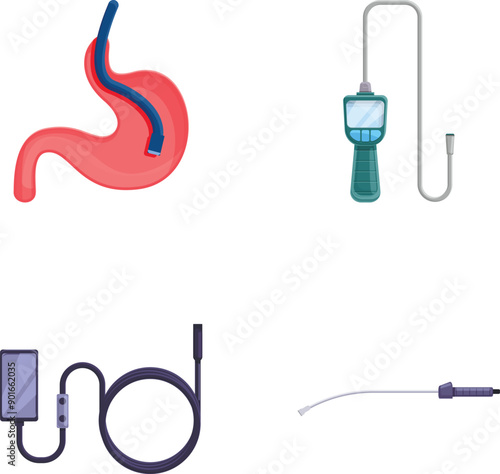 Stomach endoscopy icons set cartoon vector. Gastroscopy endoscope device. Stomach diagnostic, healthcare