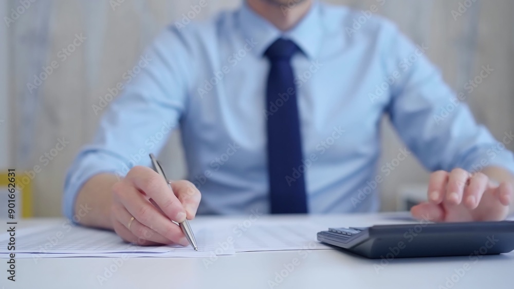 Unknown man accountant with blue t-shirt concentrating while calculating costs and taking notes at his desk. Taxes, audit in business Unknown man accountant with blue t-shirt concentrating while calculating costs and taking notes at his desk. Taxes, audit in business