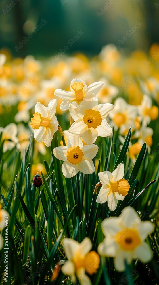 Fototapeta premium Enchanting Springtime Greeting Vibrant Ladybugs on Flowers, Capturing the Essence of Nature's Beauty and Renewal for a Perfect Greeting Card Digital Art Background Wallpaper