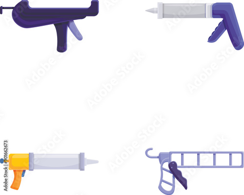Glue gun icons set cartoon vector. Metal silicone caulk gun. Construction and repair equipment