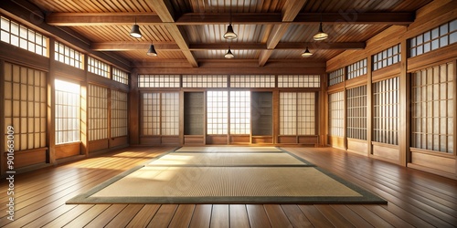 Serenely lit traditional karate dojo with rustic wooden accents, roll-out training mat, and delicate rice paper windows filtering soft natural light.