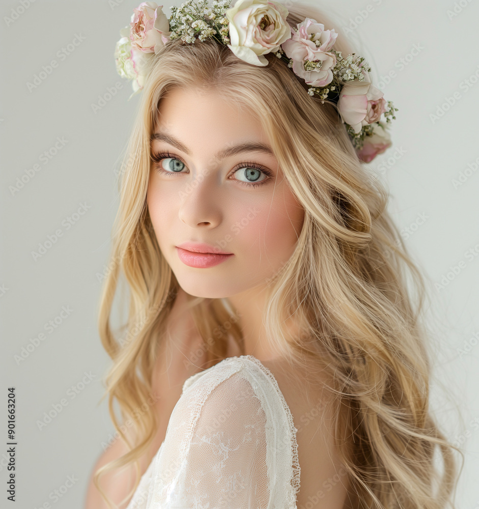A beautiful girl 24 years old blonde hair realistic with pink flowers.
A beautiful girl 24 years old blonde hair realistic with pink flowers.