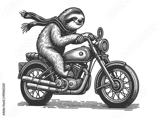 sloth riding a motorcycle, combining humor and whimsy in a detailed sketch sketch engraving generative ai fictional character vector illustration. Scratch board imitation. Black and white image.
