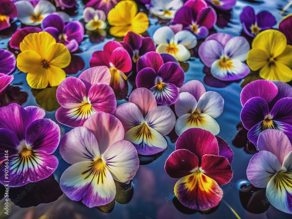 Vibrant pansy flowers in shades of purple, pink, and yellow float delicately on a dark, serene water surface, evoking a sense of whimsy and nostalgia. Vibrant pansy flowers in shades of purple, pink, and yellow float delicately on a dark, serene water surface, evoking a sense of whimsy and nostalgia.