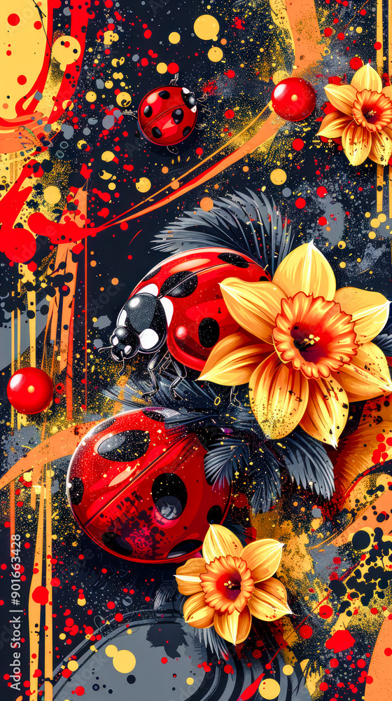 Naklejka premium Enchanting Springtime Greeting Vibrant Ladybugs on Flowers, Capturing the Essence of Nature's Beauty and Renewal for a Perfect Greeting Card Digital Art Background Wallpaper