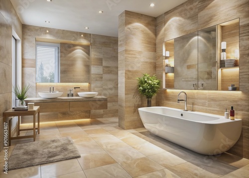 Elegant high-end bathroom features a stunning wall backdrop and floor adorned with luxurious natural stone tiles in a subtle blend of earthy tones and creamy whites.