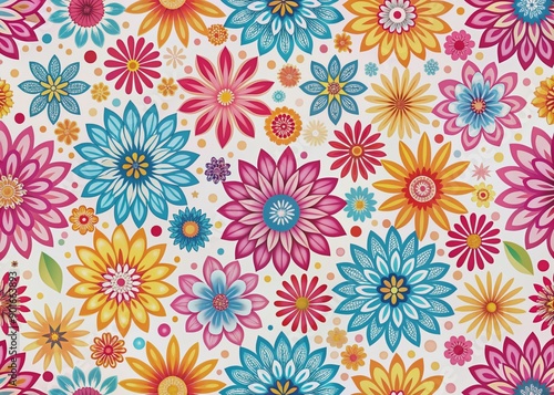 Vibrant multicolor floral seamless pattern features abstract colorful flowers in shades of pink, yellow, blue, and orange on a white background, ideal for design.