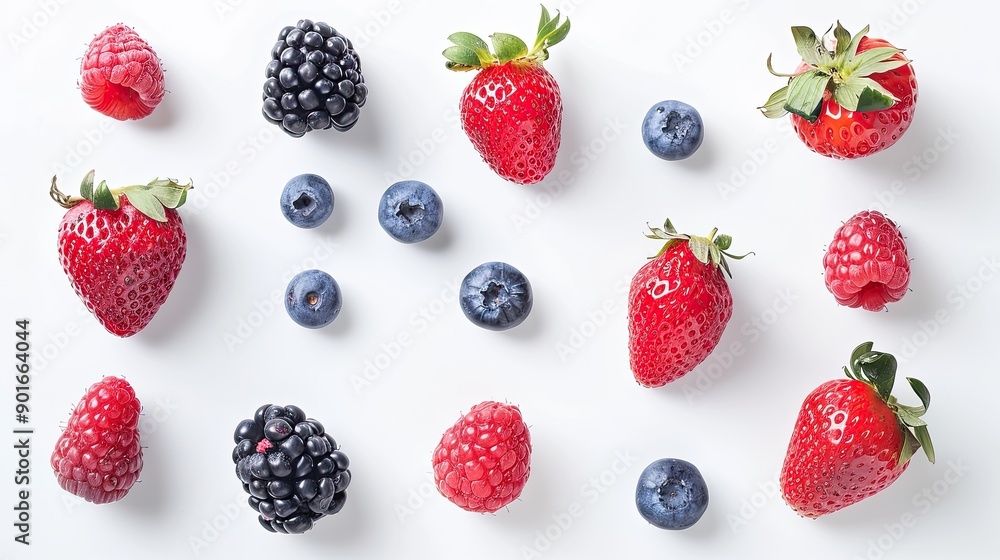Assortment of vibrant berries like strawberries, blackberries, raspberries, and blueberries on a white background. Assortment of vibrant berries like strawberries, blackberries, raspberries, and blueberries on a white background.
