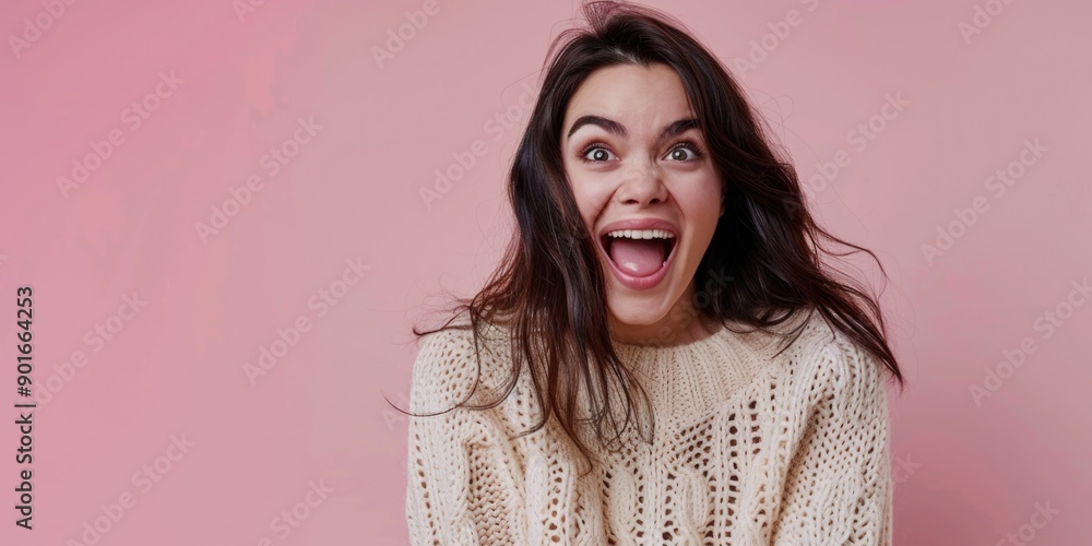 A woman with long hair is smiling and laughing. She is wearing a white sweater and is standing in front of a pink background A woman with long hair is smiling and laughing. She is wearing a white sweater and is standing in front of a pink background