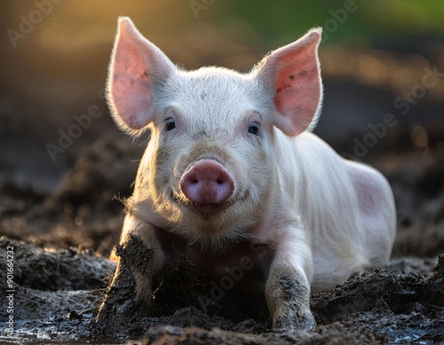 Cute Piglet Smiling and Playing in Muddy Dirt